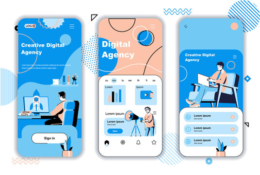 Digital agency concept onboarding screens for mobile app templates. Online promotion, marketing, data analysis. UI, UX, GUI user interface kit with people scenes for web design. Vector illustration
