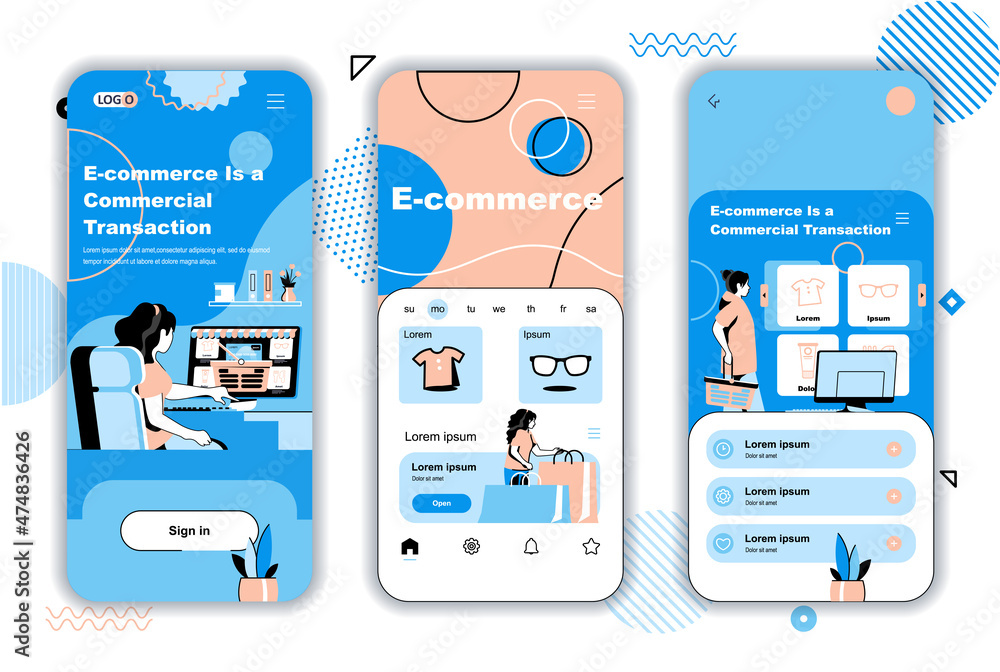 Fototapete e-commerce concept onboarding screens for mobile app templates. customers shopping and paying at web