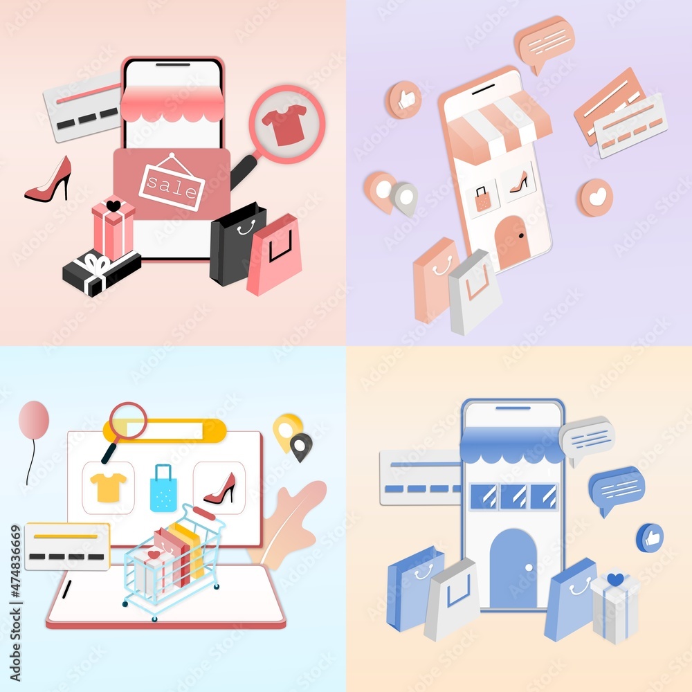 Poster set of 3d realistic online shopping on website or mobile application concept of vector marketing and