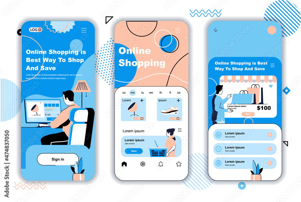 Poster online shopping concept onboarding screens for mobile app templates. buyers choose products and pay 