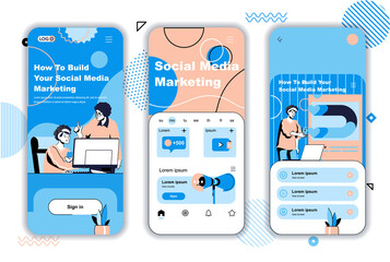 Social media marketing concept onboarding screens for mobile app templates. Success online strategy promotion. UI, UX, GUI user interface kit with people scenes for web design. Vector illustration - obrazy, fototapety, plakaty