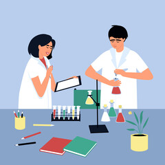 Students do their homework in chemistry experimenting with liquids. Students conduct scientific experiments in chemistry and biology. Flat vector illustration.