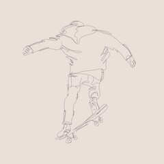 A young skateboarder training in a skatepark, jumping on a skateboard into the air with a coup