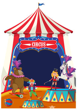 Circus dome tent with animal performer on white background