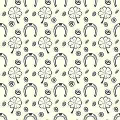 Seamless pattern with four-leaf clover, horseshoes and coins. Vector graphics.