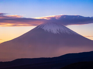 Snowy Mount Fuji at sunset (view from Owakudani, Hakone, Kanagawa, Japan)