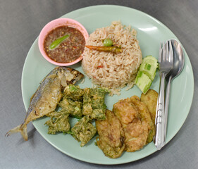 Rice with Chili Paste, Mackerel and Fried Vegetables