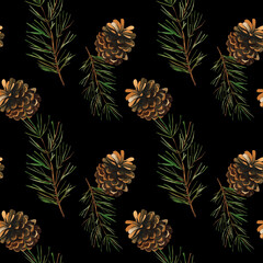 Naklejka premium Forest, autumn, winter pattern. Cones and spruce, cedar, pine twigs. Watercolor illustration. Ready-made seamless pattern for design of textiles, packaging, paper, cards.