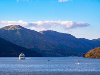 Boats sailing at the cardela lake (Lake Ashinoko, Hakone, Kanagawa, Japan)