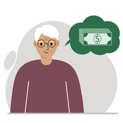 A granddad thinks about financial success and income opportunities. A granddad thinks about money. Income, profit, financial success.