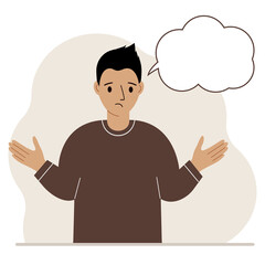 Young sad and upset man thinks and empty thought, speech bubble. Hands are spread apart. Place for your text.