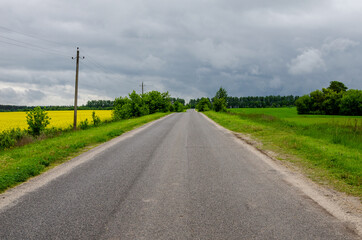 Fototapeta na wymiar Country road going into the distance surrounded by fields. Asphalt road in Russia