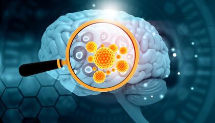 Human brain and virus under a magnifying glass. 3d illustration - obrazy, fototapety, plakaty