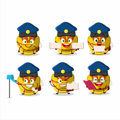 A picture of cheerful yellow sugar candy postman cartoon design concept