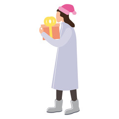 Woman with with gift box, winter cold weather clothes, cap, warm coat, boots. Cartoon flat style