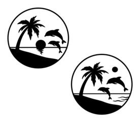 Palm trees and dolphin round icons. Sunset Sea in circle emblem. Vector Silhouette isolated on white background. © Elena