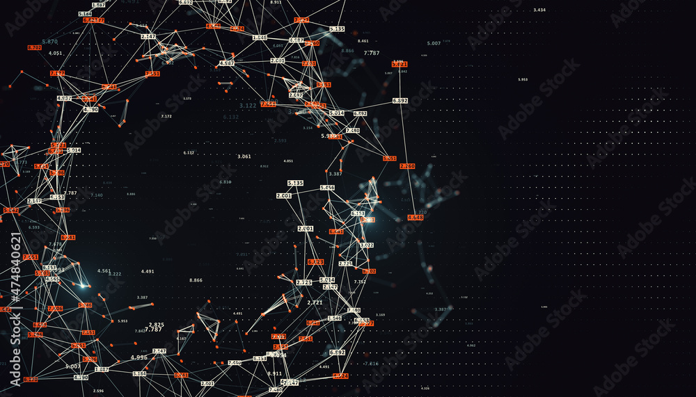 Poster Creative glowing big data connections circle on black background with wide mock up place. Science, digital network and technology concept. 3D Rendering.