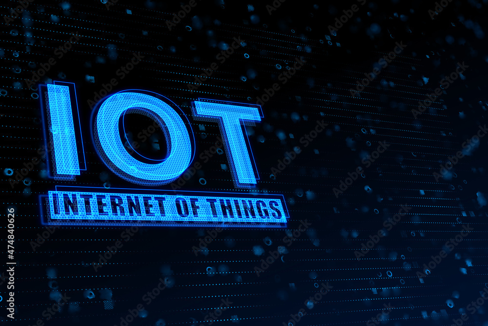 Poster creative glowing blue iot backdrop with mock up place. internet of things concept. 3d rendering.
