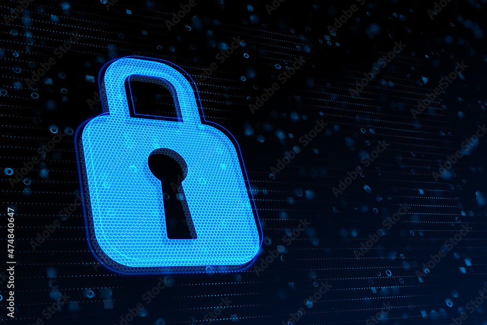 Poster Creative glowing blue padlock hologram on dark background with mock up place. Digital safety and security concept. 3D Rendering.