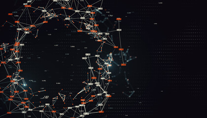 Fototapeta premium Creative glowing big data connections circle on black background with wide mock up place. Science, digital network and technology concept. 3D Rendering.