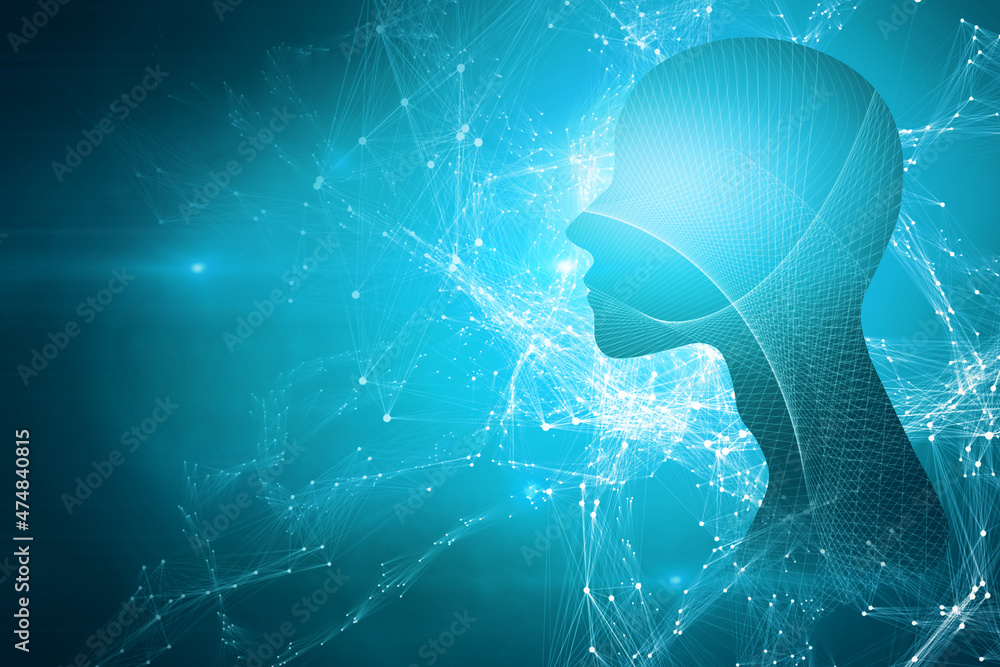 Aufkleber glowing blue background with head outline, polygonal connections and mock up place. ai, artificial i