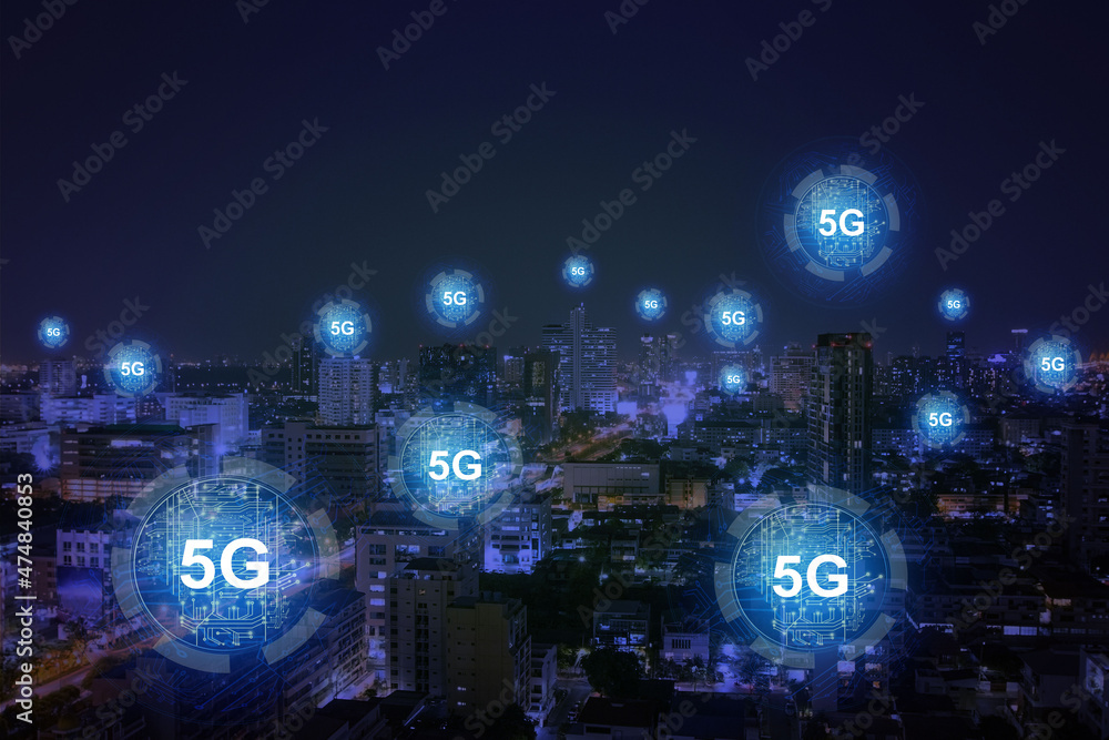 Poster abstract dark night city backdrop with glowing 5g circuit hologram. internet speed, ubanization, com