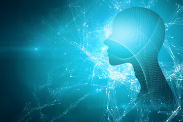 Glowing blue background with head outline, polygonal connections and mock up place. AI, artificial...