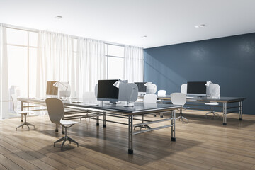 Modern concrete and wooden coworking office interior with white curtains, windows and city view, furniture, equipment, daylight and technology. Workplace and corporation concept. 3D Rendering.