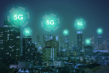 Creative dark night city wallpaper with glowing 5G circuit hologram. Internet speed, ubanization, communication and connection concept. Double exposure.