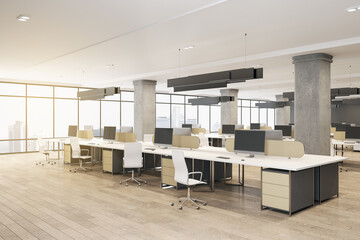 Fototapeta na wymiar Contemporary concrete and wooden coworking office interior with panoramic city view, sunlight, furniture, equipment, daylight and technology. Workplace and corporation concept. 3D Rendering.