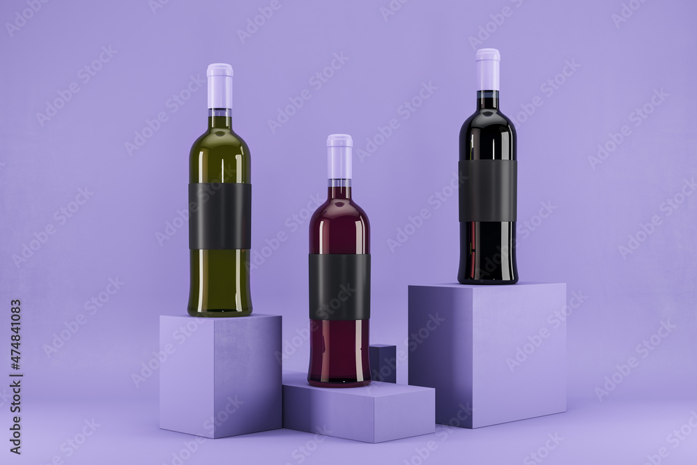 Aufkleber Wine bottle with clean mock up label on lavender background. Advertisement and branding, liqor and beverage concept. 3D Rendering.