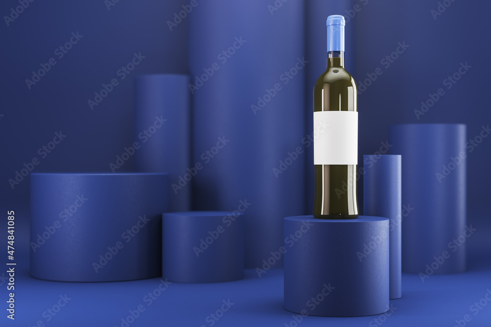 Aufkleber Wine bottle with empty mock up label on blue backdrop. Advertisement and branding, liqor and beverage concept. 3D Rendering.