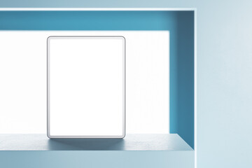 Close up of creative white product stand with empty digital pad. Retail and technology concept. Mock up, 3D Rendering.