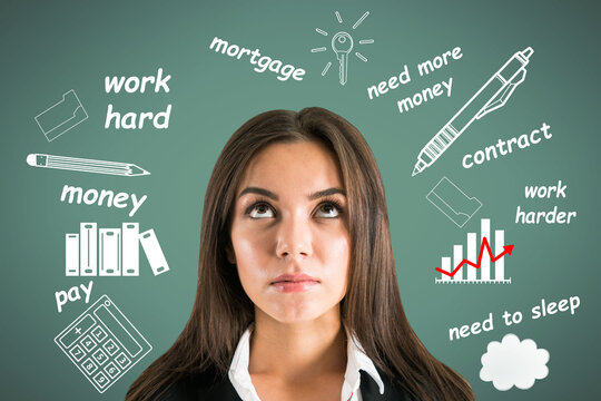 Attractive young european businesswoman with creative business and lifestyle sketch on chalkboard background. Success and progress concept.