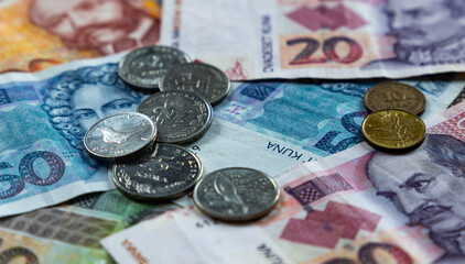 Kuna is the Croatian currency. Banknote and coins. Close-up shot.