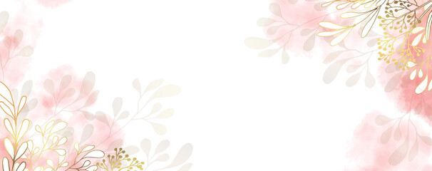 Fototapeta na wymiar Luxurious golden wallpaper. Minimalistic style. Banner with flowers and leaves. Watercolor pink and beige spots on a white background. Shiny flowers and twigs. Vector file.