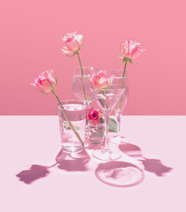 Glasses all shapes and sizes, with clear water and pink roses stand on a pink background. Beautiful creative still life is flooded with light with hard shadows and glare from the glass. Party concept.