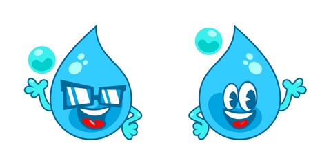 Flat Water Drop Cartoon Mascot Characters Vector Illustration