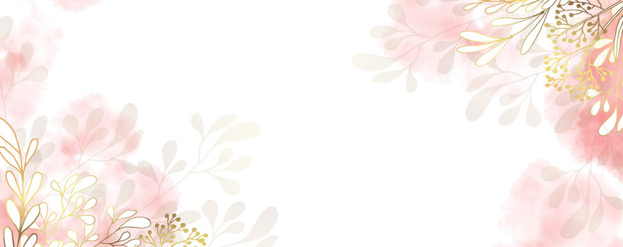Luxurious golden wallpaper. Minimalistic style. Banner with flowers and leaves. Watercolor pink and beige spots on a white background. Shiny flowers and twigs. Vector file.