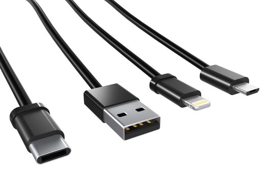 USB cables type A, and type C plugs, micro USB and Lightning, universal computer and phone connection on white background. isolated usb cord.  Charger usb cable on a white background. 3D render. 