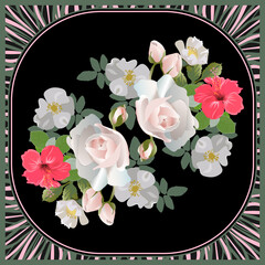 Ventor floral bright pattern for design of headscarf, hijab. Bouquet of flowers in the center of a square with a wavy frame on a black background