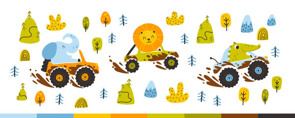 Animals off-road in cars in the mud. Cute naive cartoon characters elephant, crocodile and lion in childish hand-drawn doodle style. Ideal for baby boys
