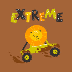 Fototapeta premium Lion in an SUV in the mud with lettering. Extreme. Cute cartoon character in simple hand drawn childish style. Vector illustration on a dark brown background. Colorful palette.