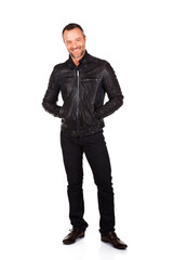 Full length studio shot of a man in black leather jacket standing, isolated on white