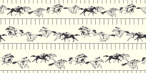 Seamless vector pattern. Horse racing. Racetrack, horses, jockeys.