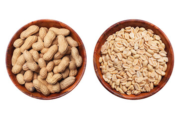 Peanuts background. Vegetarian diet food. Nuts in shells inside round wooden bowl isolated. Snacks in a bowl. Healthy party snack. Hulled peanuts without shell.
