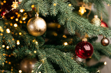Christmas golden and red balls hanging on branch of spruce tree. Festive background. Holiday concept.