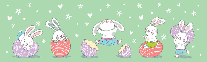 Happy Easter. Rabbits and eggs for your design on a mint background.