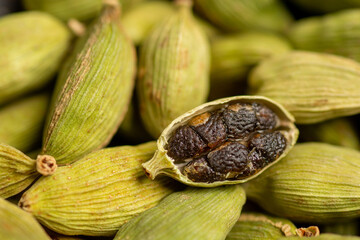 dried cardamom food background close up, top view