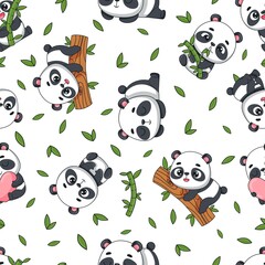 panda is sitting on a tree. Postcard in cartoon kawaii style. Vector for design, banners, children's books and patterns